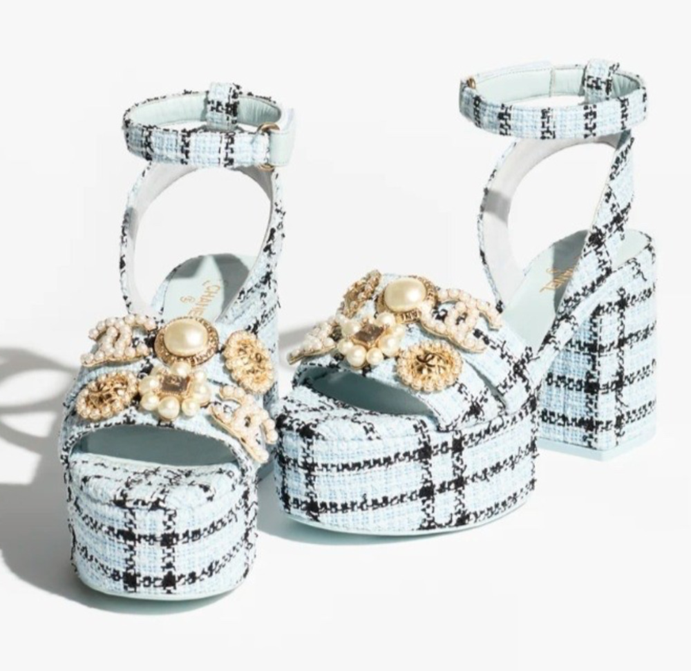 Chanel 25S Blue Black Tweed Pearl CC Logo Platform Strap Block Heel Sandal 40